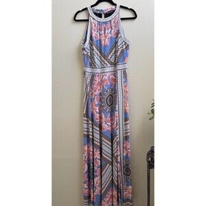 INC Blue Pink Floral Print with Black Trim Accent Halter T-Back Maxi Dress Large